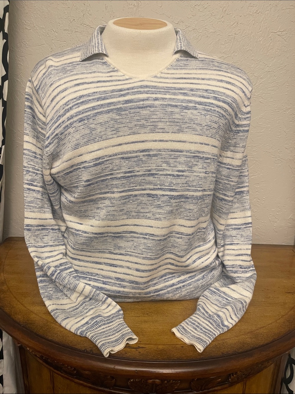 Peter Millar Cream & Light Blue Striped Crewneck Sweater